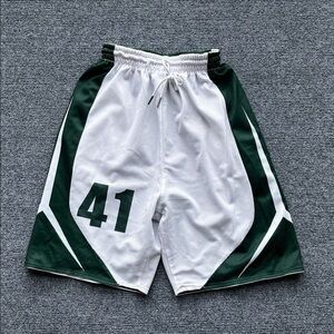 White & Dark Green Athletic Basketball Shorts with Number 41